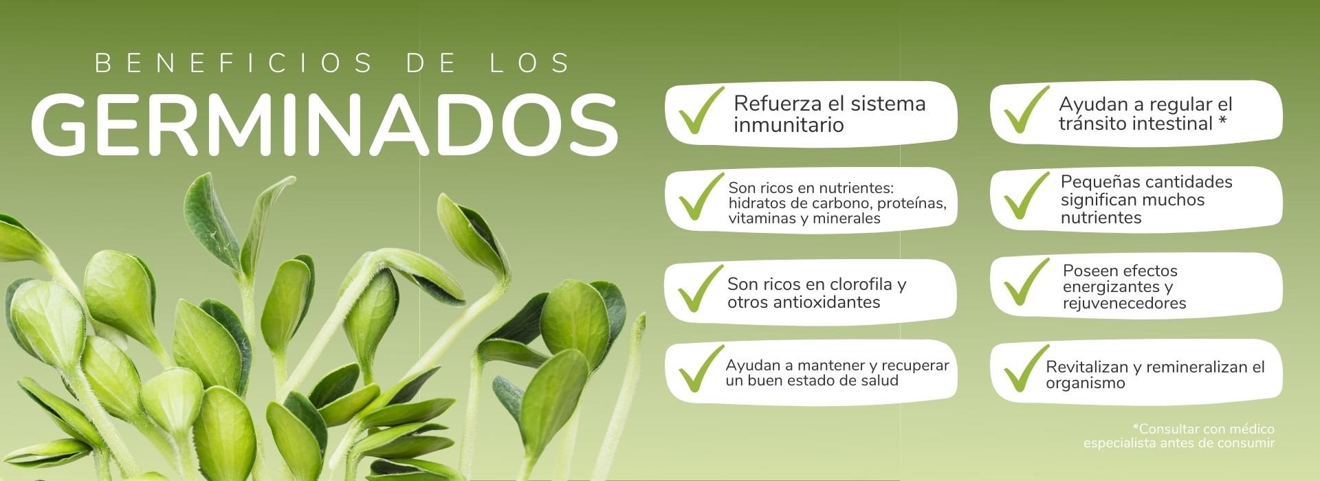 banner verde con bocadillos explicando beneficios de comer germinados