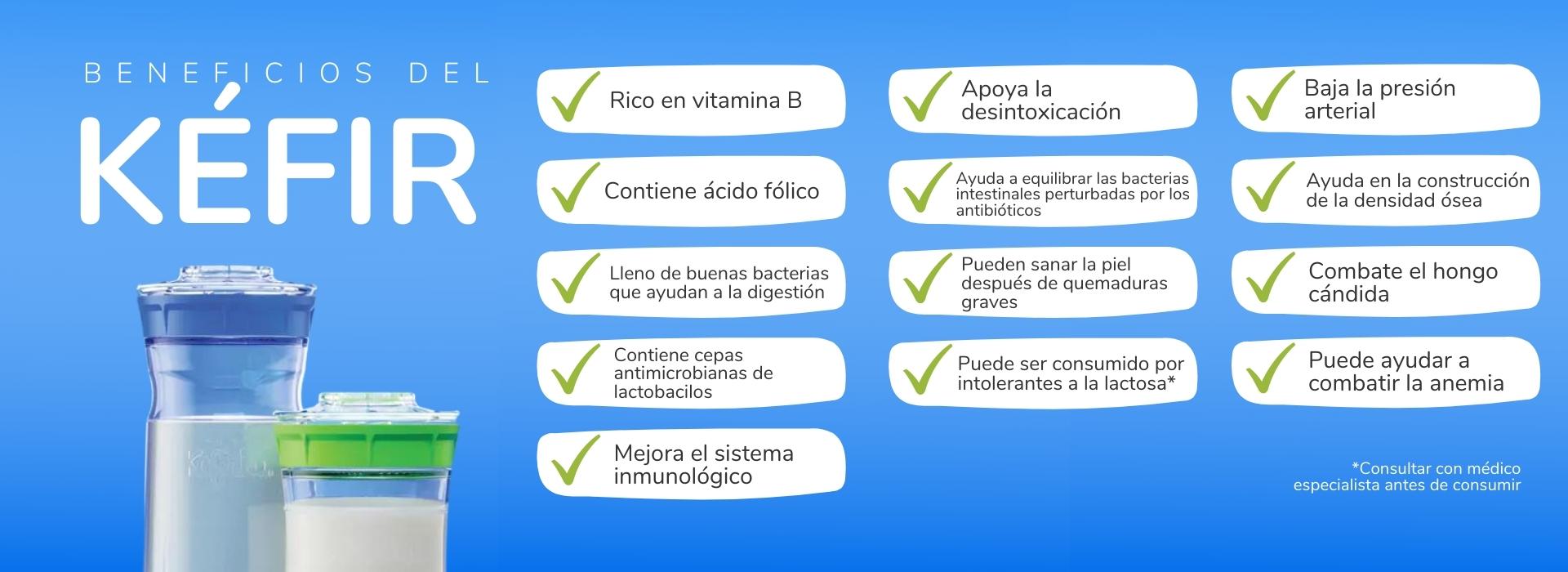 banner azul con bocadillos explicando beneficios del kefir