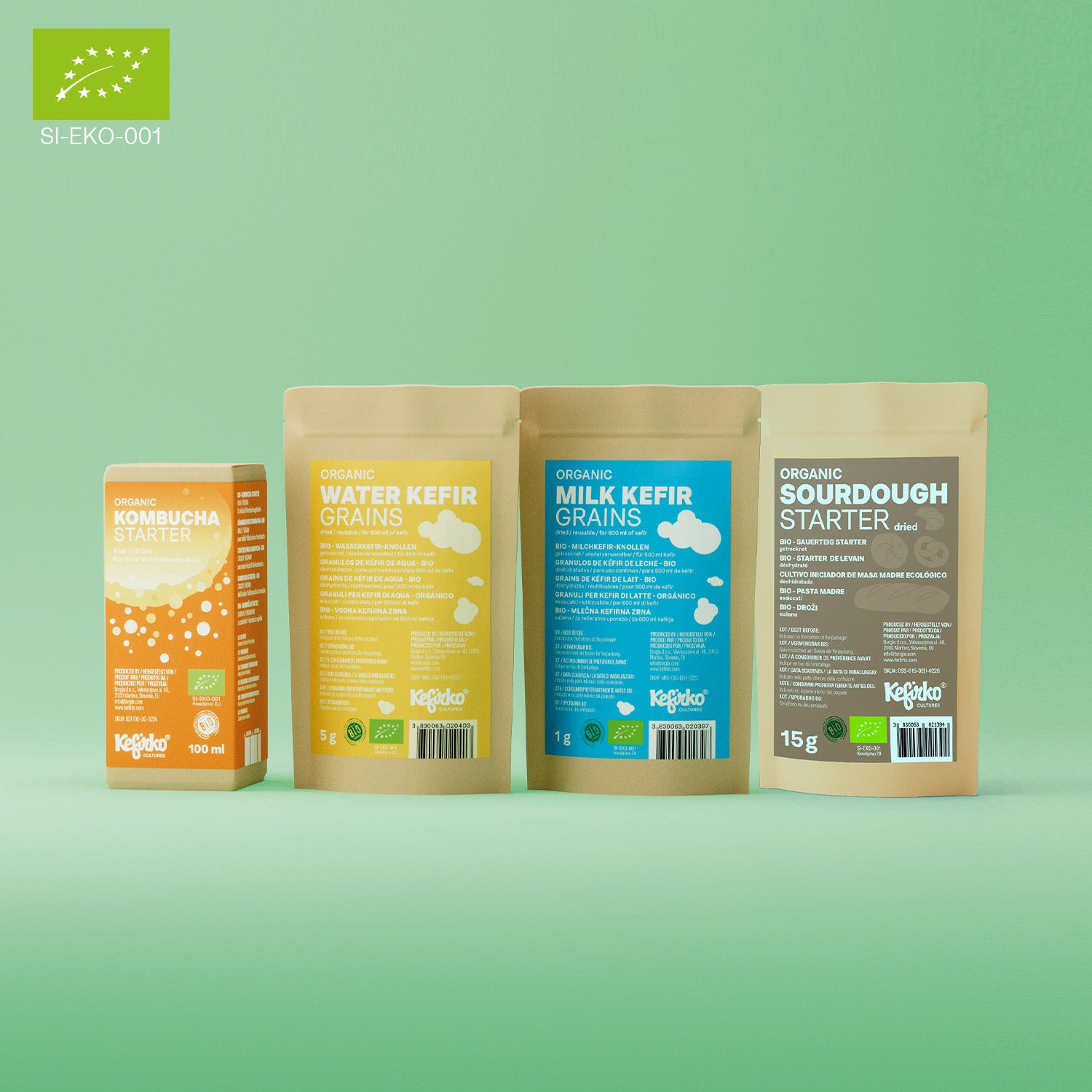Cuatro paquetes de iniciadores de fermentación de Kefirko (kombucha, kéfir de agua, kéfir de leche y masa madre) se presentan sobre un fondo verde. Estos iniciadores son ricos en cultivos probióticos.