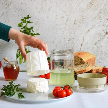 queso de kefir sobre plato junto a tomates y suero de kefir