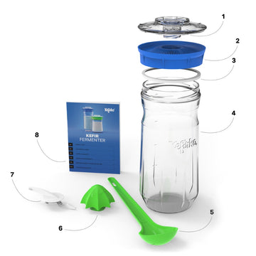 Despiece de un kit fermentador Kefirko con etiquetas para tapa, colador, tarro de cristal, cuchara, exprimidor, palo, espatulita giratoria y manual.