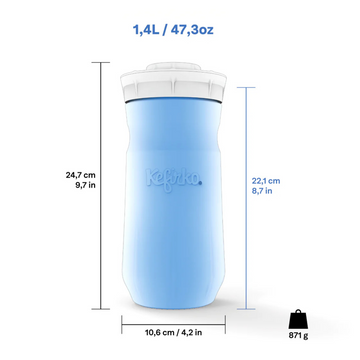 Frasco fermentador Kefirko medidas, 1,4L/47,3oz de capacidad, 871g de peso, altura y anchura indicadas.