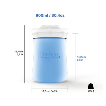 Fermentador Kefirko medidas, tarro de cristal de 900 ml/30,4 oz; 16,7 cm de alto, 10,6 cm de ancho, pesa 602 g.