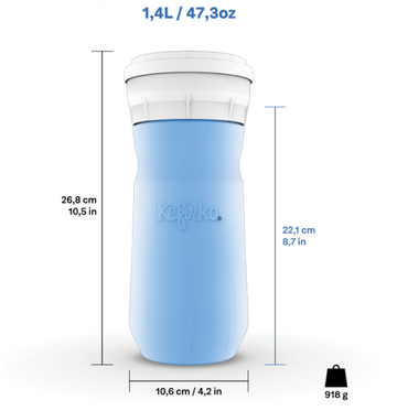 Ficha técnica del fermentador de queso de Kéfir Kefirko grande (1.4 L, azul), detallando su capacidad y medidas exactas.