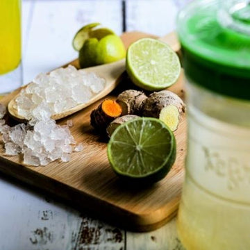 nodulos de kefir de agua sobre cuchara junto a limon y jengibre