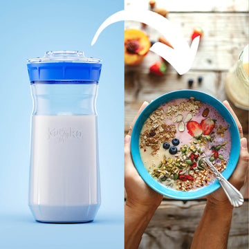 A la izquierda, un fermentador de kefir Kefirko; a la derecha, unas manos sostienen un bol para batidos con fruta, semillas y granola.