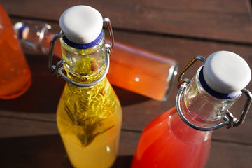 Varias botellas de kombucha con distintos sabores y fruta fresca alrededor