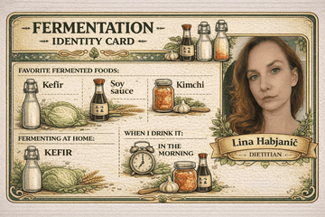 Ficha de identidad de la dietista Lina Habjanič sobre su nutrición con alimentos fermentados como kéfir y kimchi.