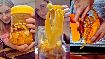 Collage del proceso de preparación de calabaza fermentada: pelado de la verdura y envasado en un tarro de vidrio.