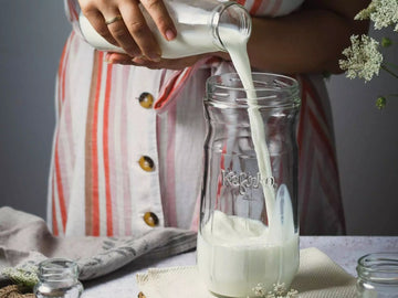 vertiendo leche en el tarro de cristal kefirko para hacer kefir