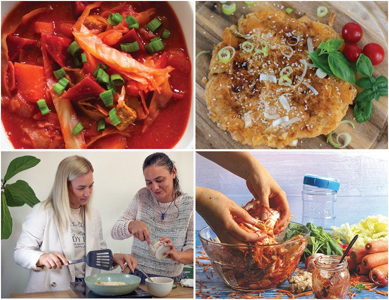 Collage de cuatro imágenes: sopa de col, tortita salada, fermentador Kefirko y manos mezclando verduras en un cuenco.