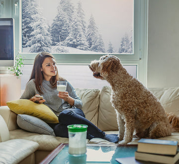 Mujer en un sofá con su perro, bebiendo kéfir frente a un paisaje invernal para potenciar sus defensas naturales.
