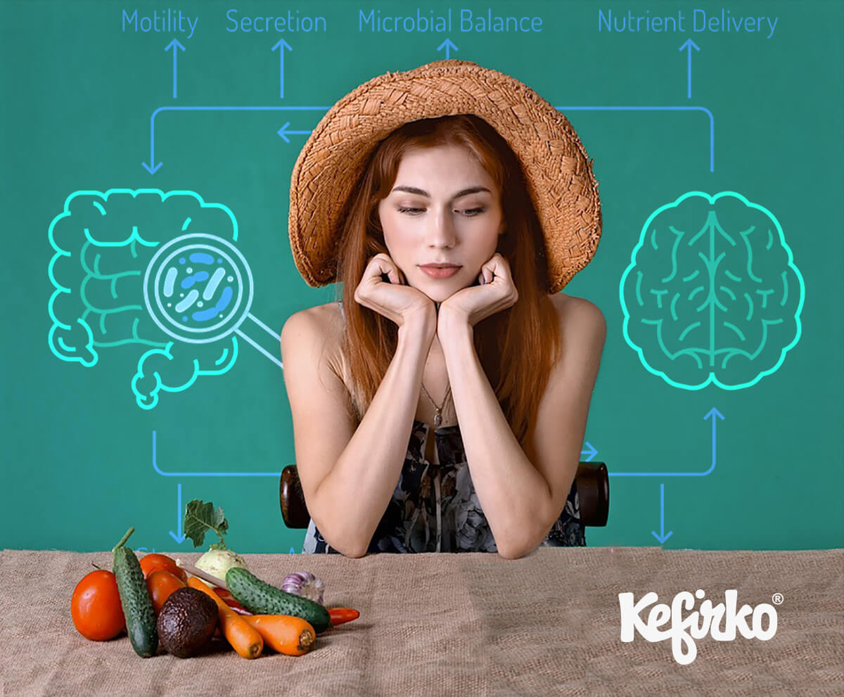 Mujer frente a un diagrama que conecta el intestino, el cerebro y los efectos de los probióticos en el bienestar.