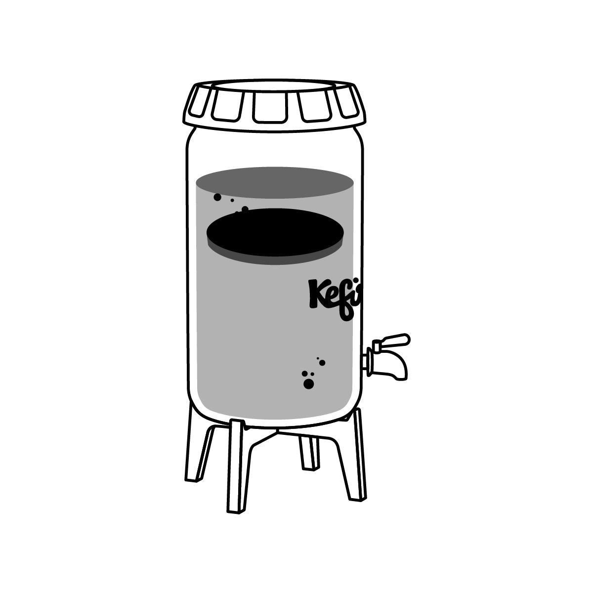 Ilustración de un gran dispensador de bebidas con la marca "kefirko" en azul sobre un soporte, lleno de líquido y equipado con un grifo, etiquetado como "Fermentador Kombucha 4L".