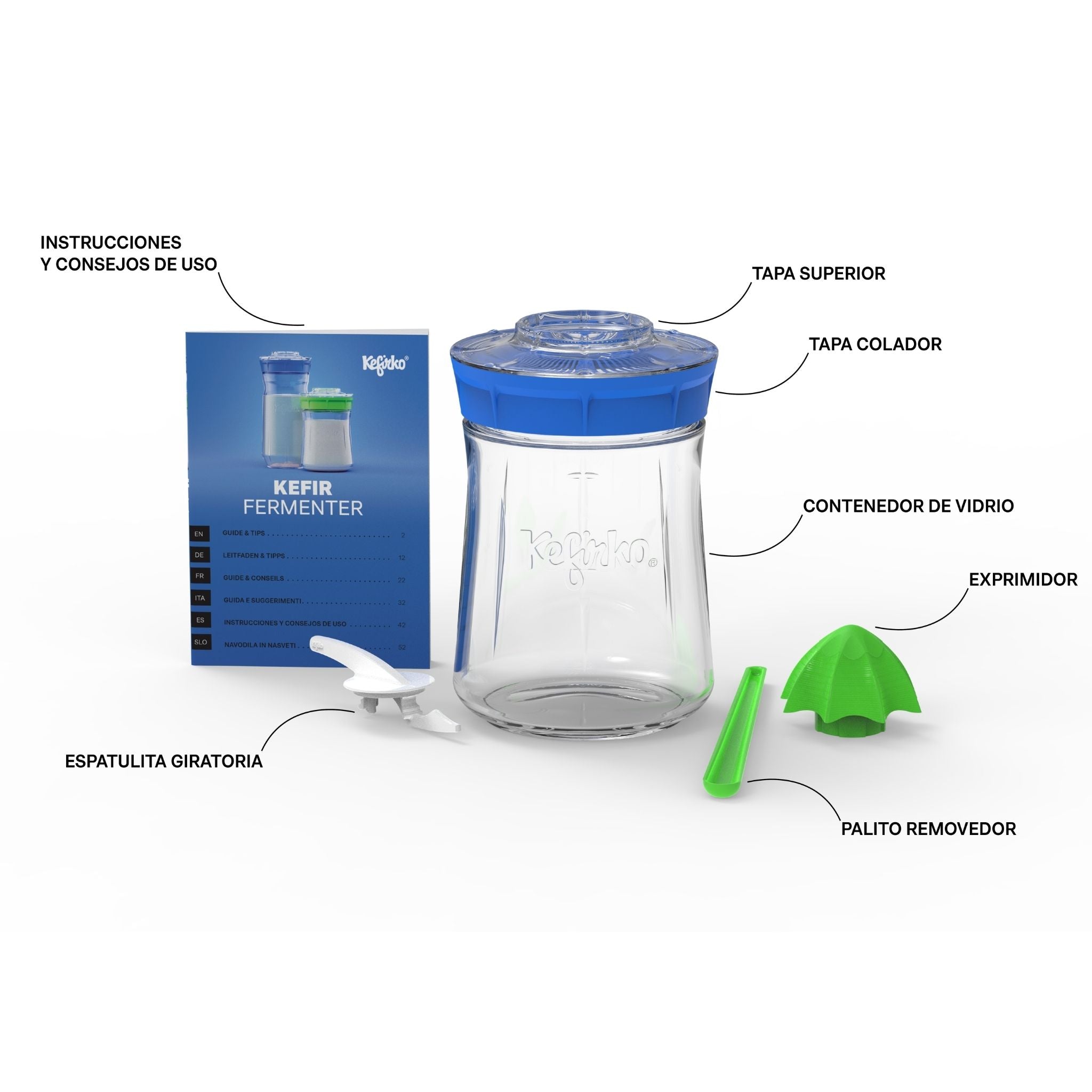 Componentes del kit fermentador de kéfir Kefirko con sus partes etiquetadas: manual, tarro de vidrio, tapas y accesorios.