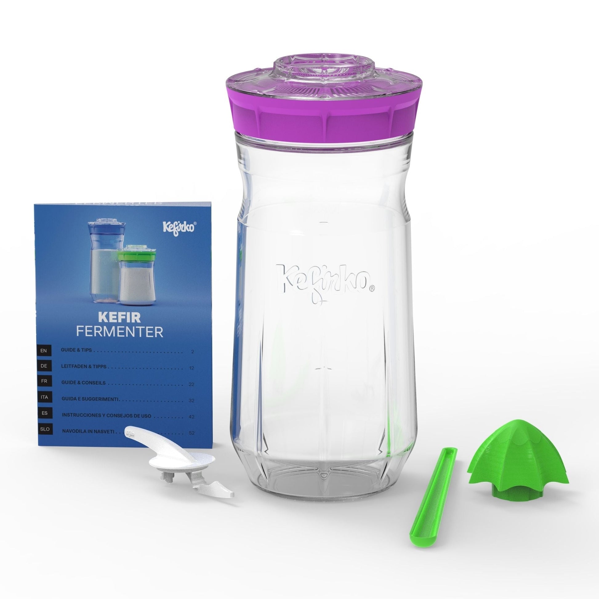 Kit completo Fermentador de kéfir Kefirko grande, de vidrio, con una tapa colador de color rosa.