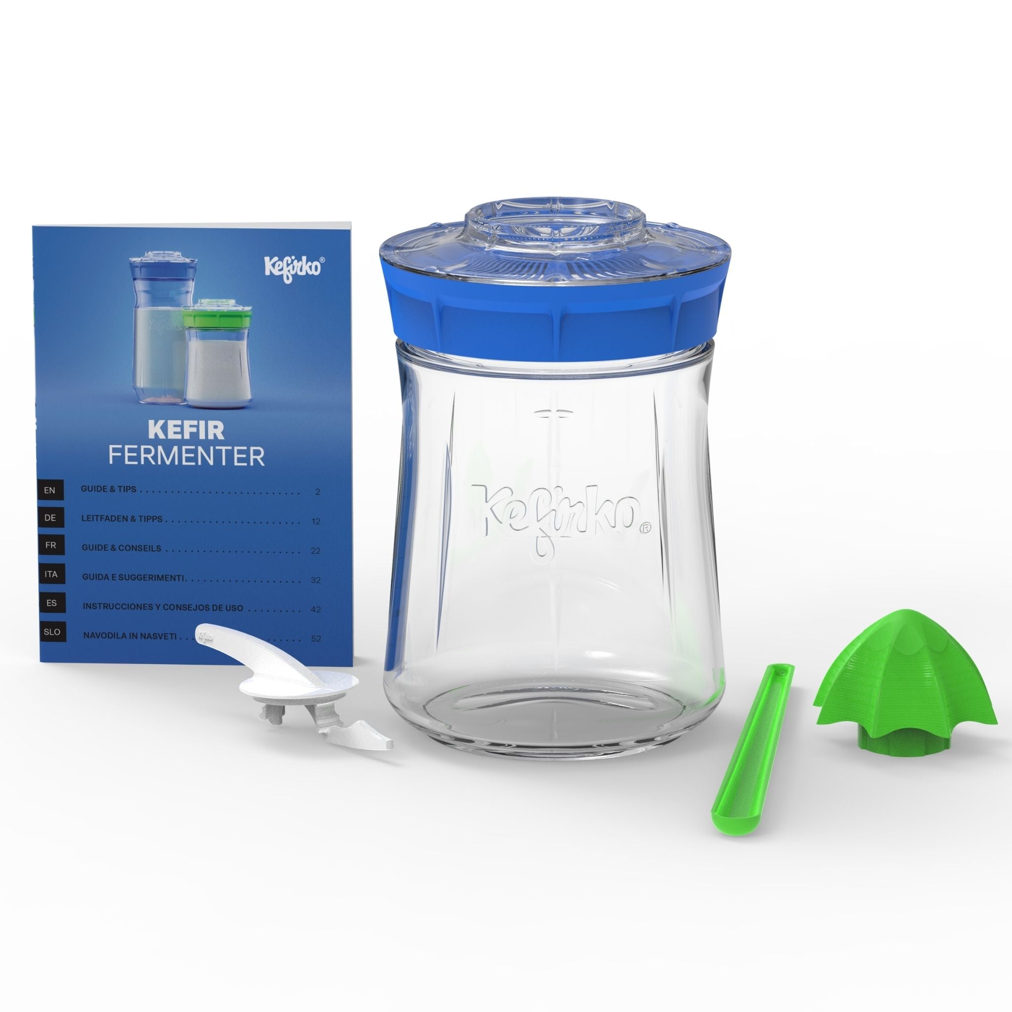 Kit completo Fermentador de kéfir Kefirko pequeño, de vidrio, con una tapa colador de color azul.