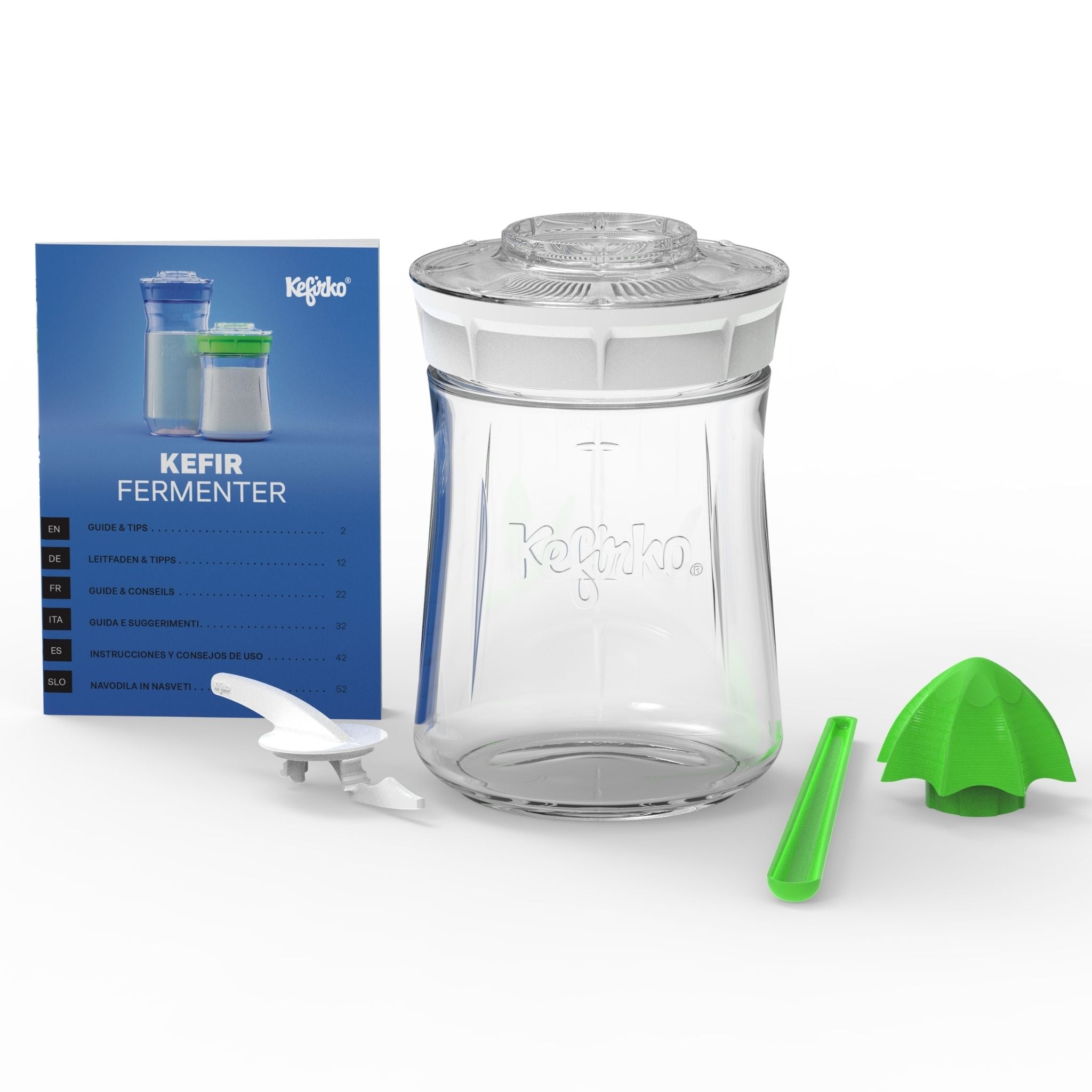 Kit completo Fermentador de kéfir Kefirko pequeño, de vidrio, con una tapa colador de color blanco.