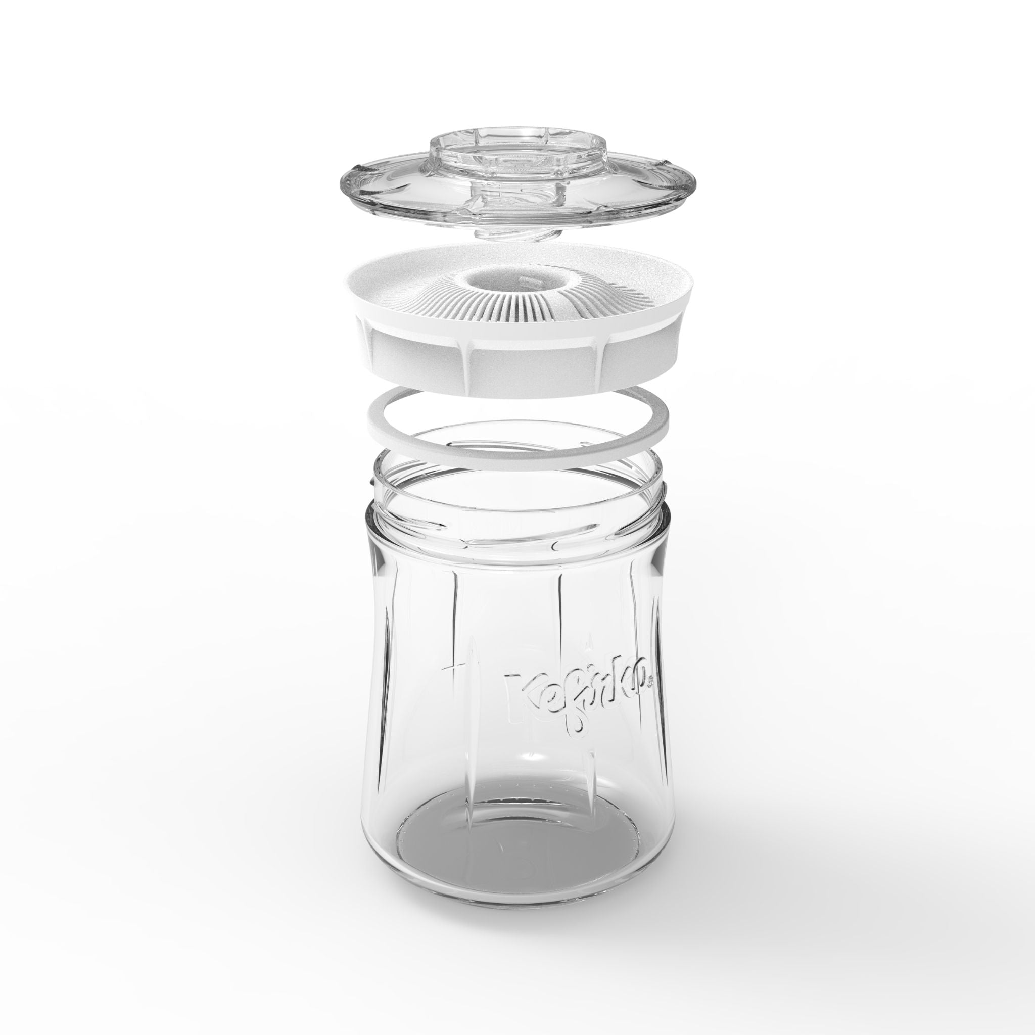 Montaje Fermentador de kéfir Kefirko pequeño, de vidrio, con una tapa colador de color blanco.