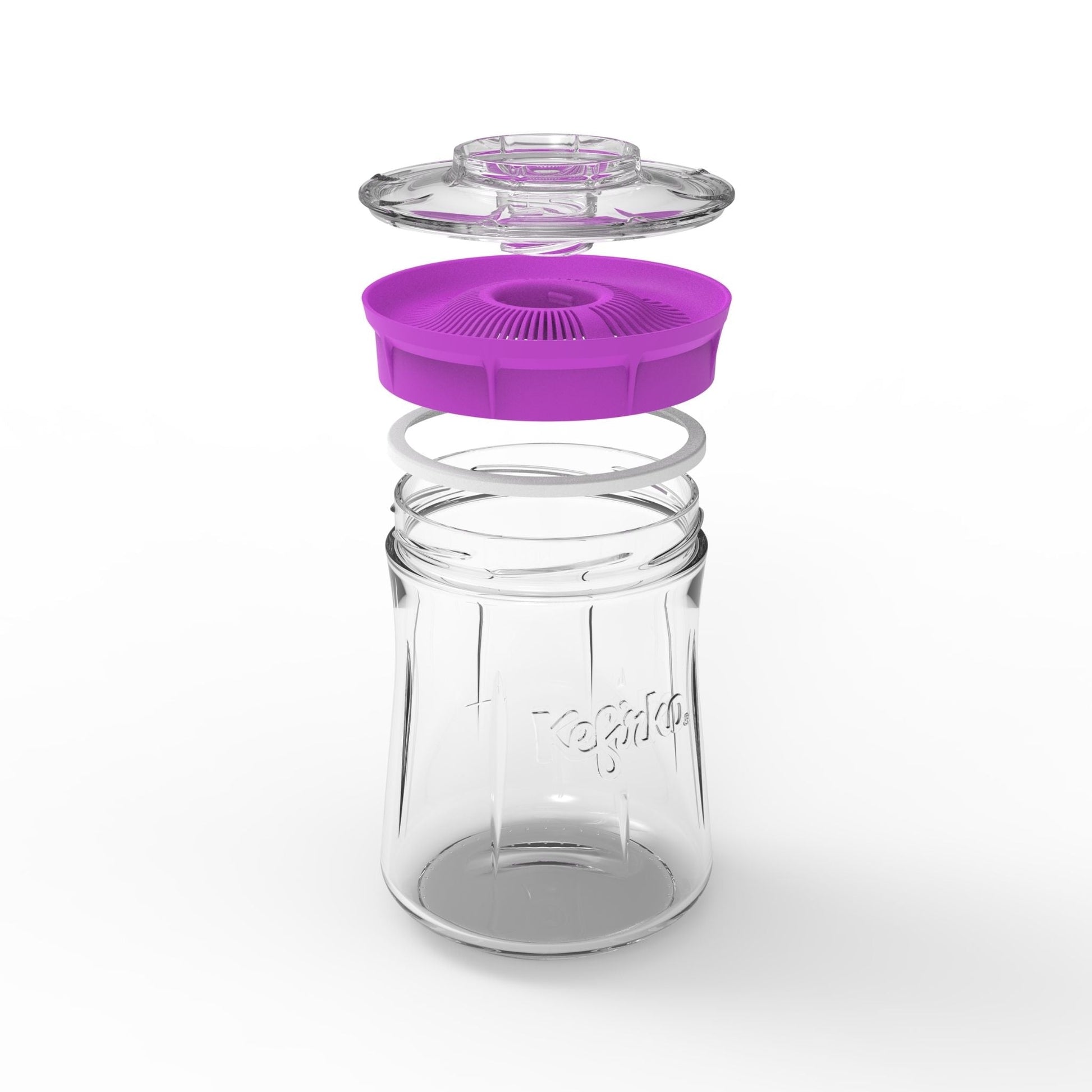 Montaje Fermentador de kéfir Kefirko pequeño, de vidrio, con una tapa colador de color rosa.