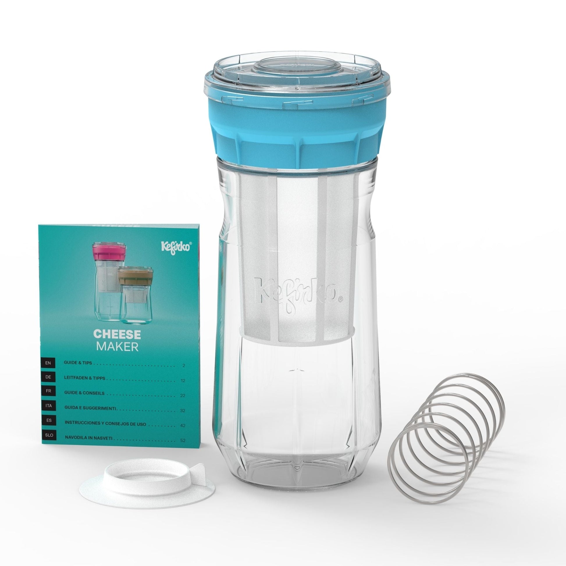 Equipo Kefirko para hacer queso en casa. Se compone de un tarro de vidrio, filtro, tapa azul, resorte y manual.