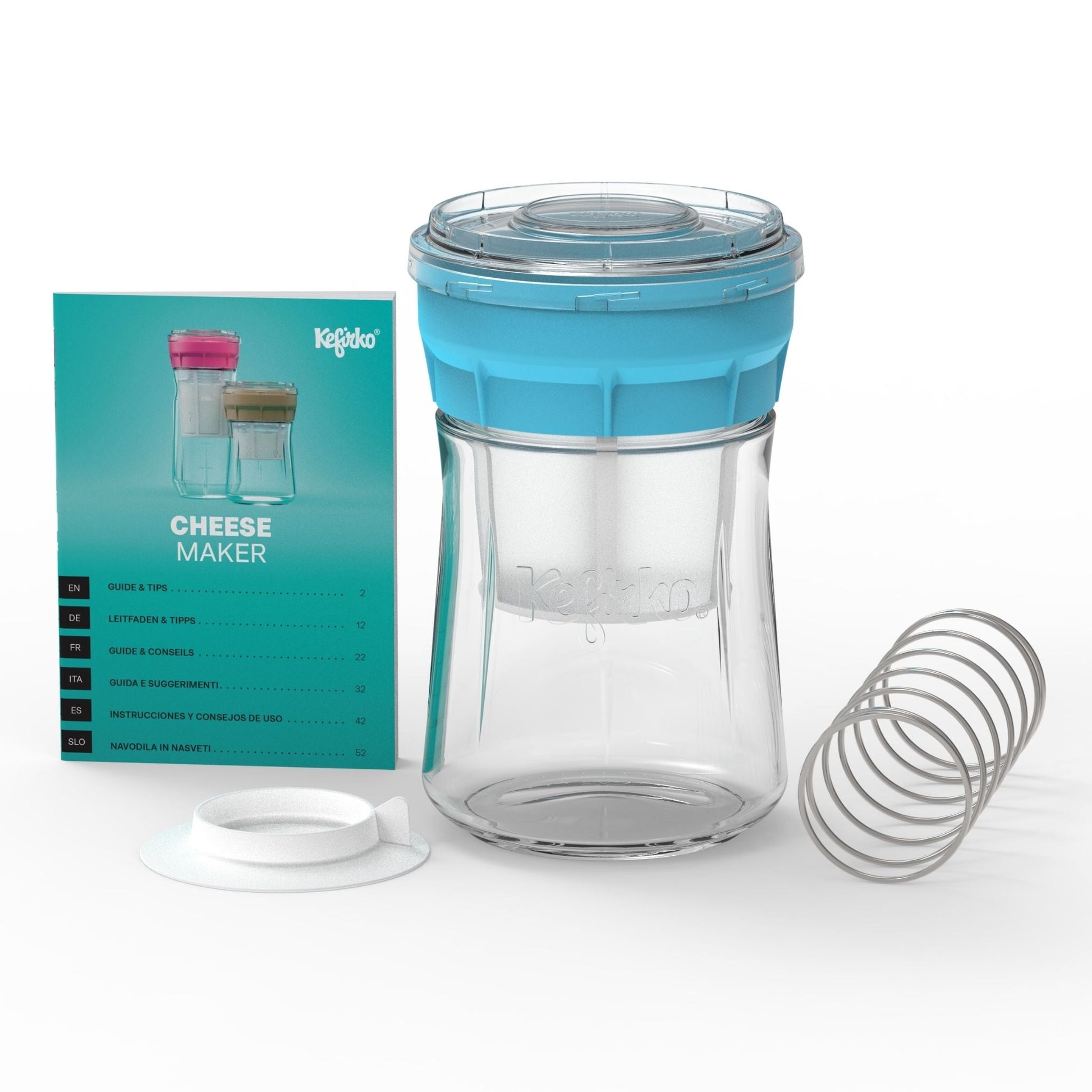 Fermentador Kefirko de tamaño pequeño para hacer queso de kéfir, con tapa azul, jarra de vidrio, resorte y manual.