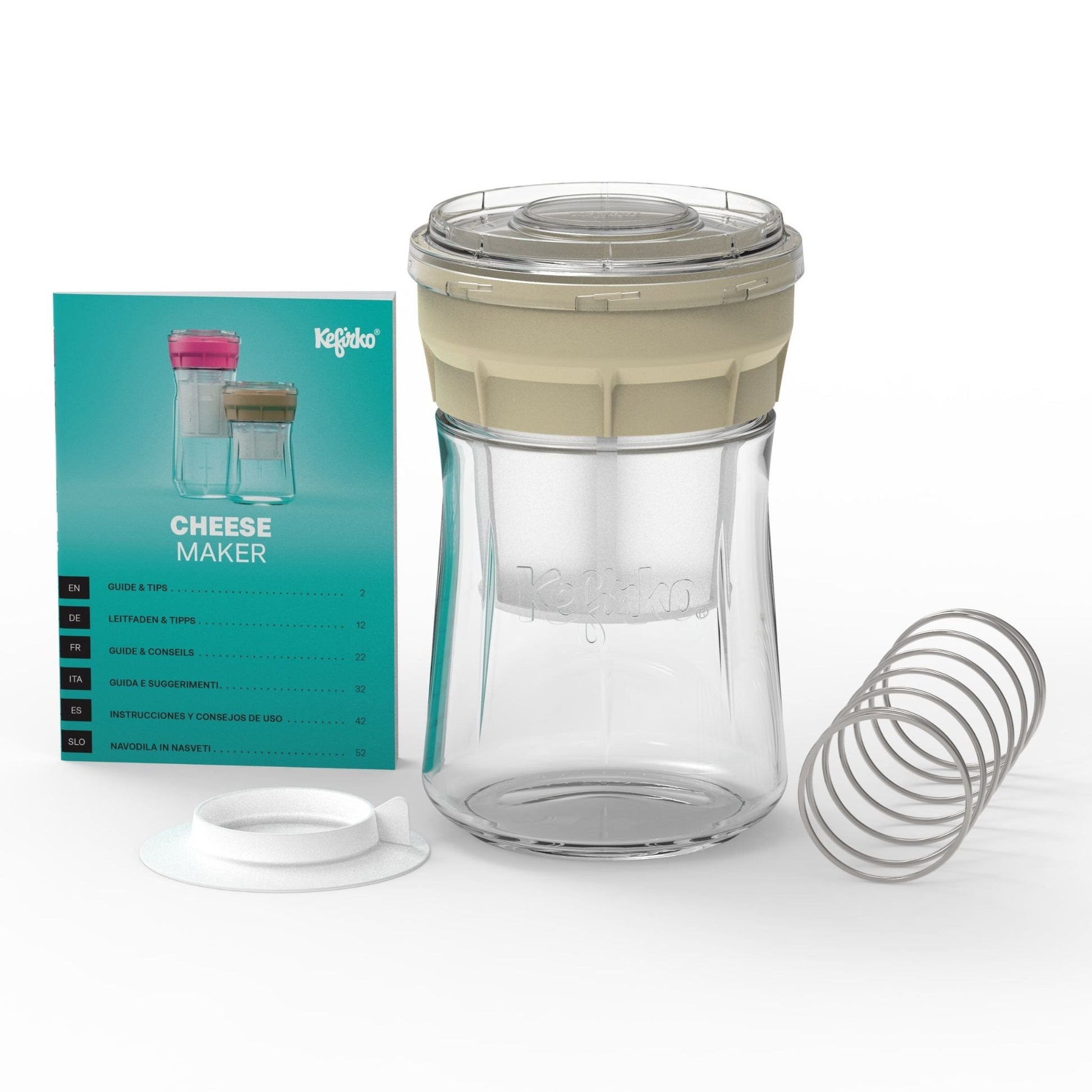 Kit fermentador de queso casero Kefirko beige, con jarra de vidrio, colador, resorte de prensado y manual de uso.