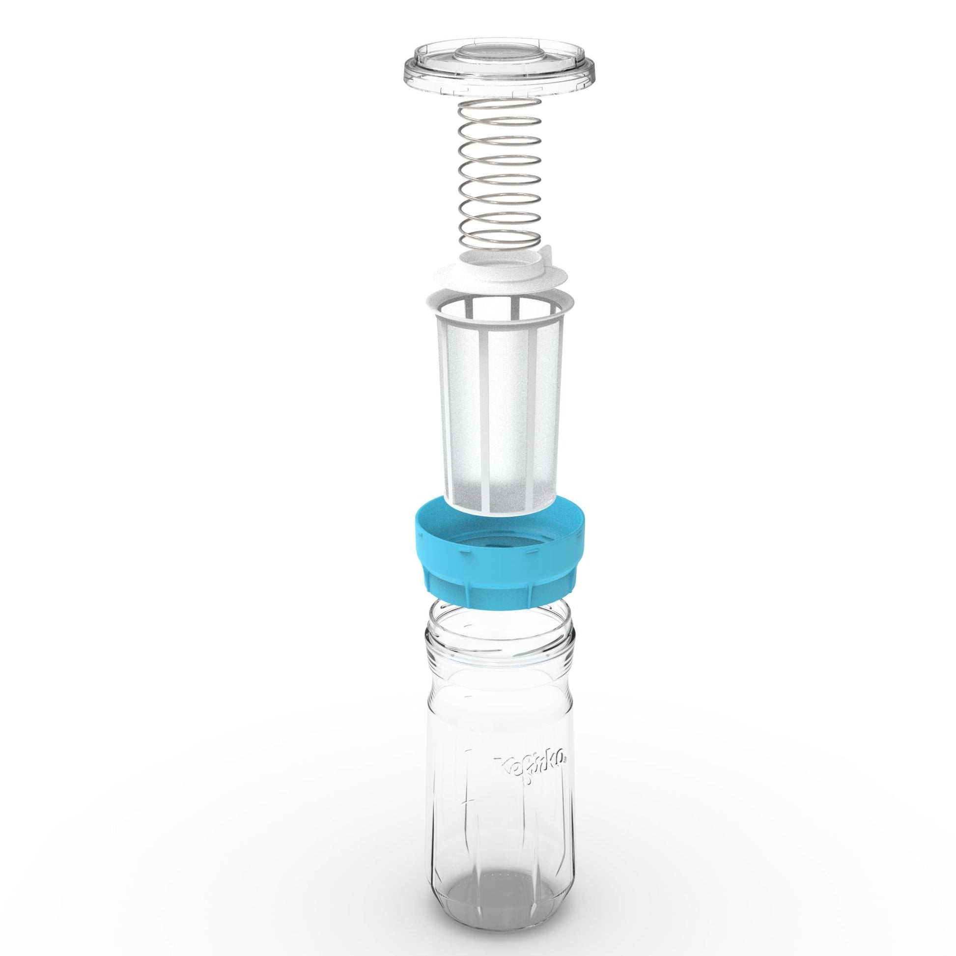 Vista despiezada del fermentador de queso Kefirko con sus componentes: tarro, anillo azul, cesta y prensa con resorte.