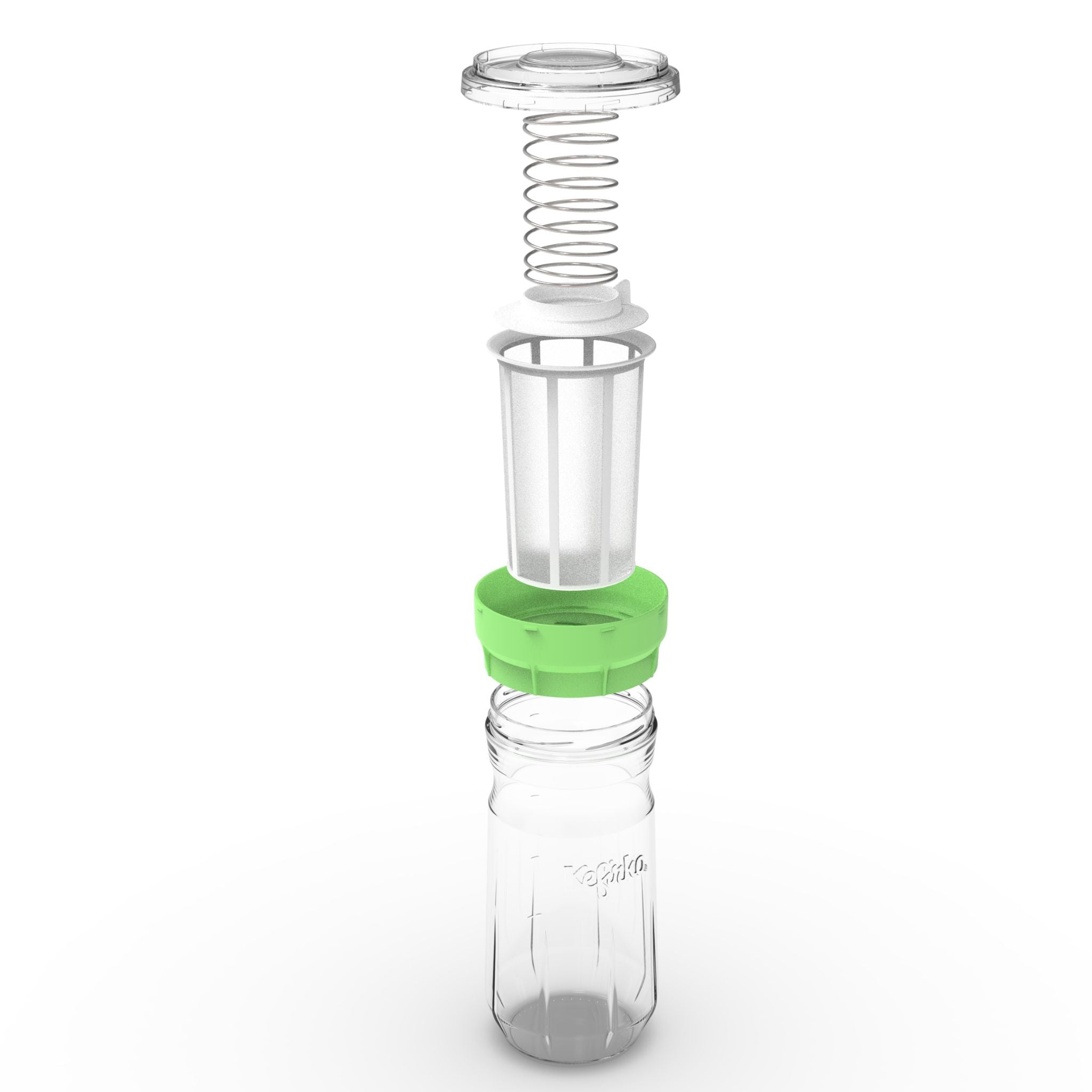 Componentes del fermentador de queso Kefirko en vista explosionada, con el anillo de sujeción en color verde.