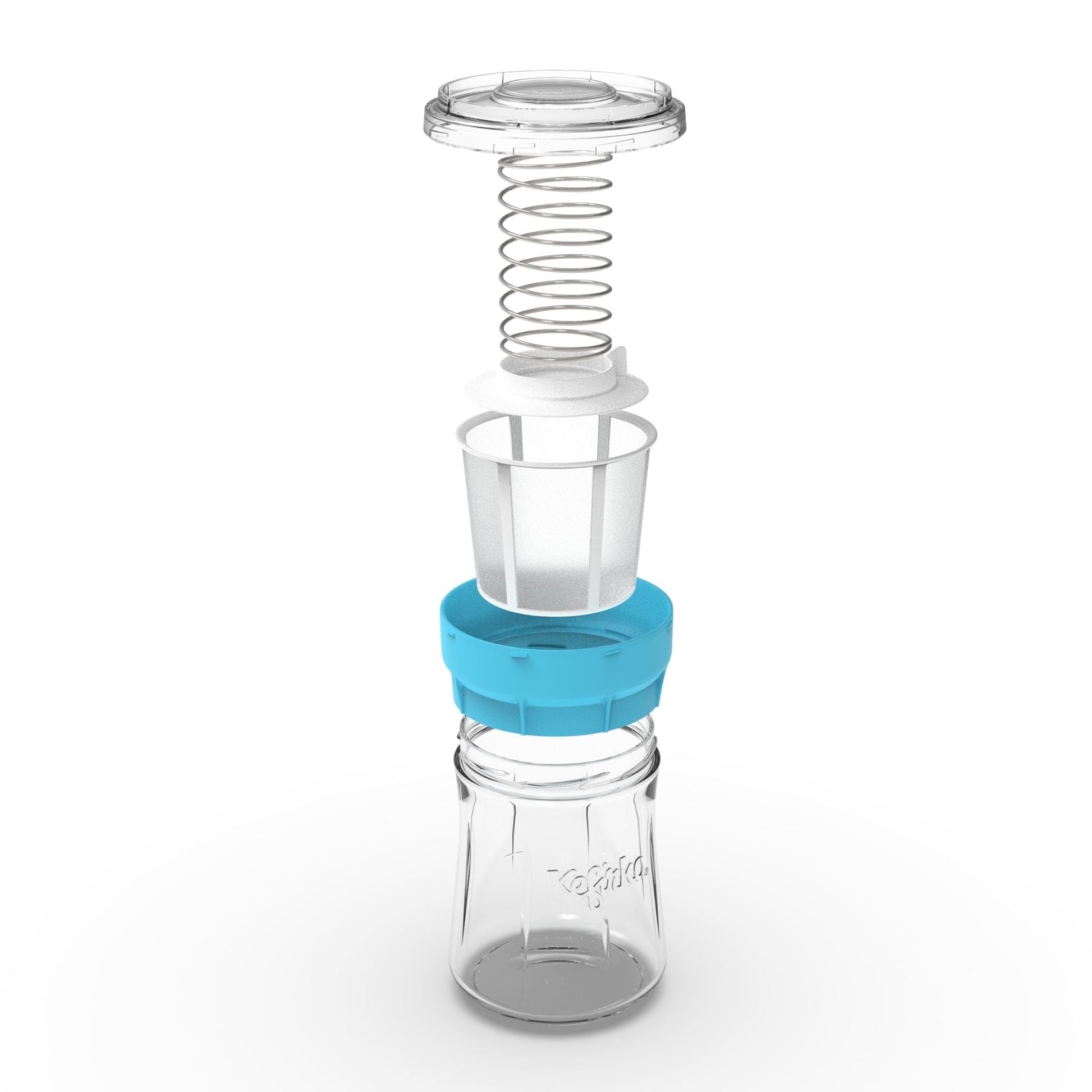 Despiece del fermentador de queso Kefirko azul, mostrando la jarra de vidrio, colador, disco de prensado y resorte.