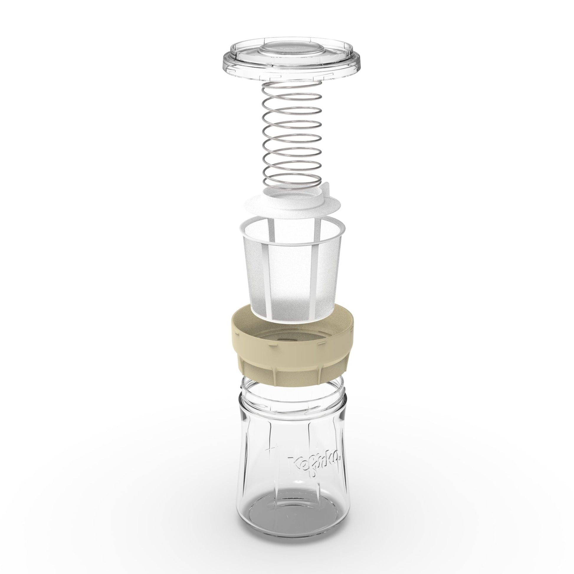 Despiece del fermentador de queso Kefirko beige, mostrando la jarra de vidrio, colador, disco de prensado y resorte.