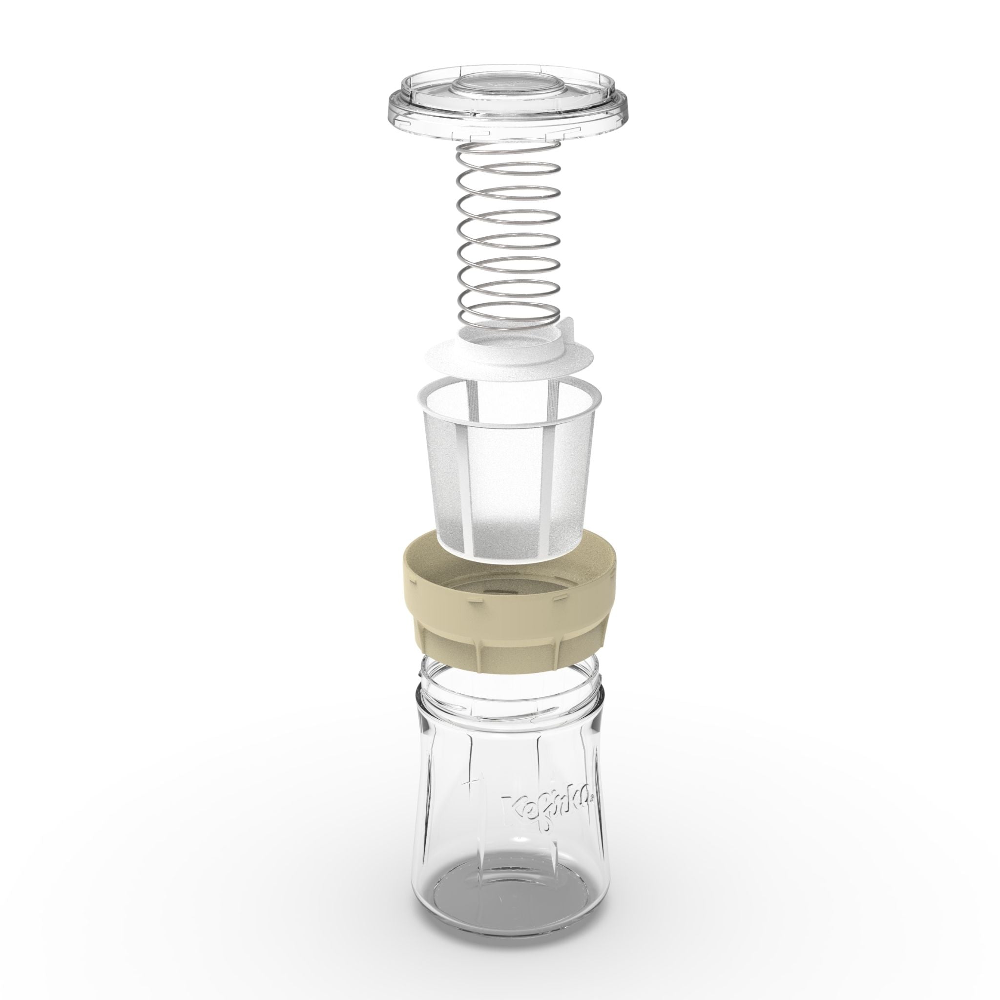 Despiece del fermentador de queso Kefirko beige, mostrando la jarra de vidrio, colador, disco de prensado y resorte.