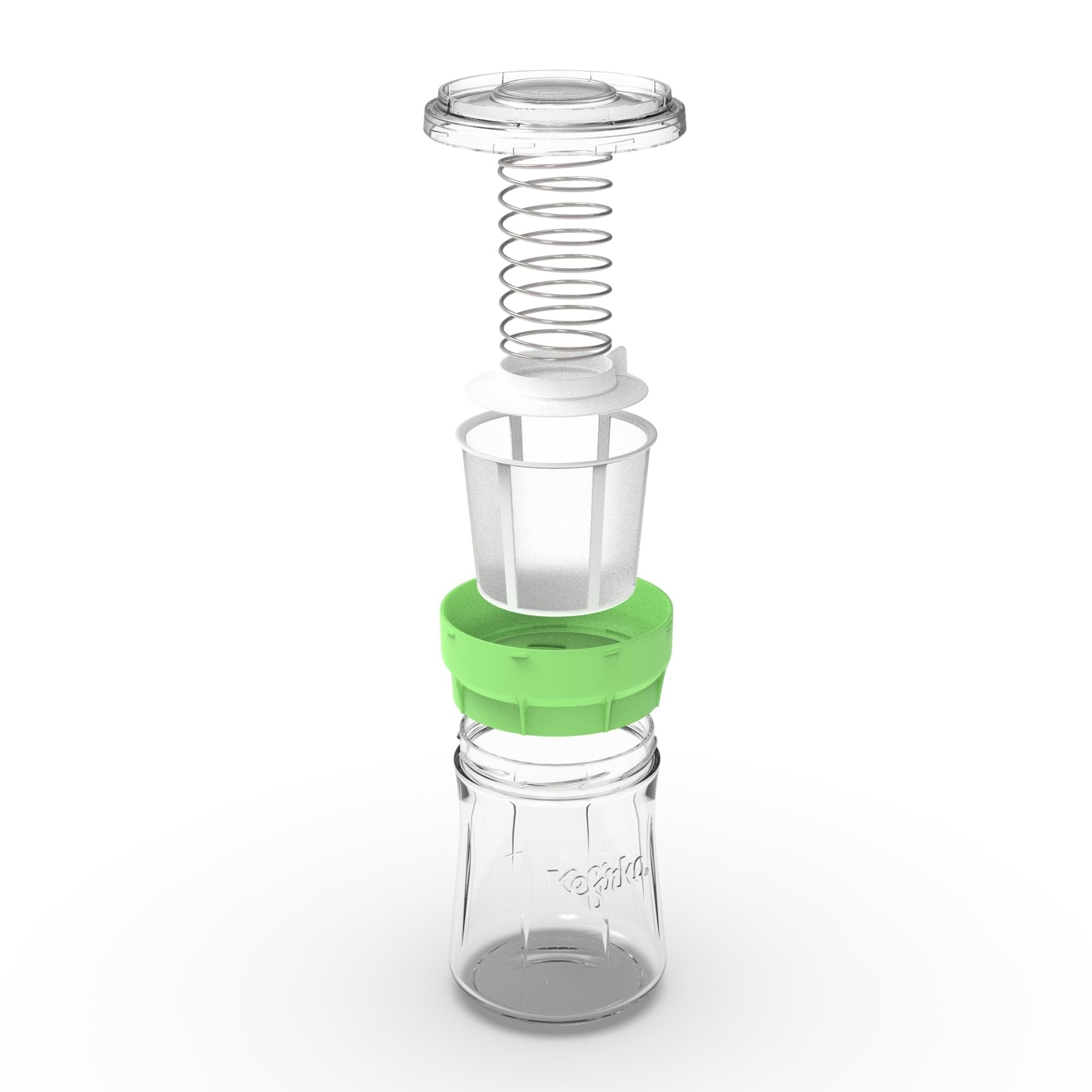 Despiece del fermentador de queso Kefirko verde, mostrando la jarra de vidrio, colador, disco de prensado y resorte.