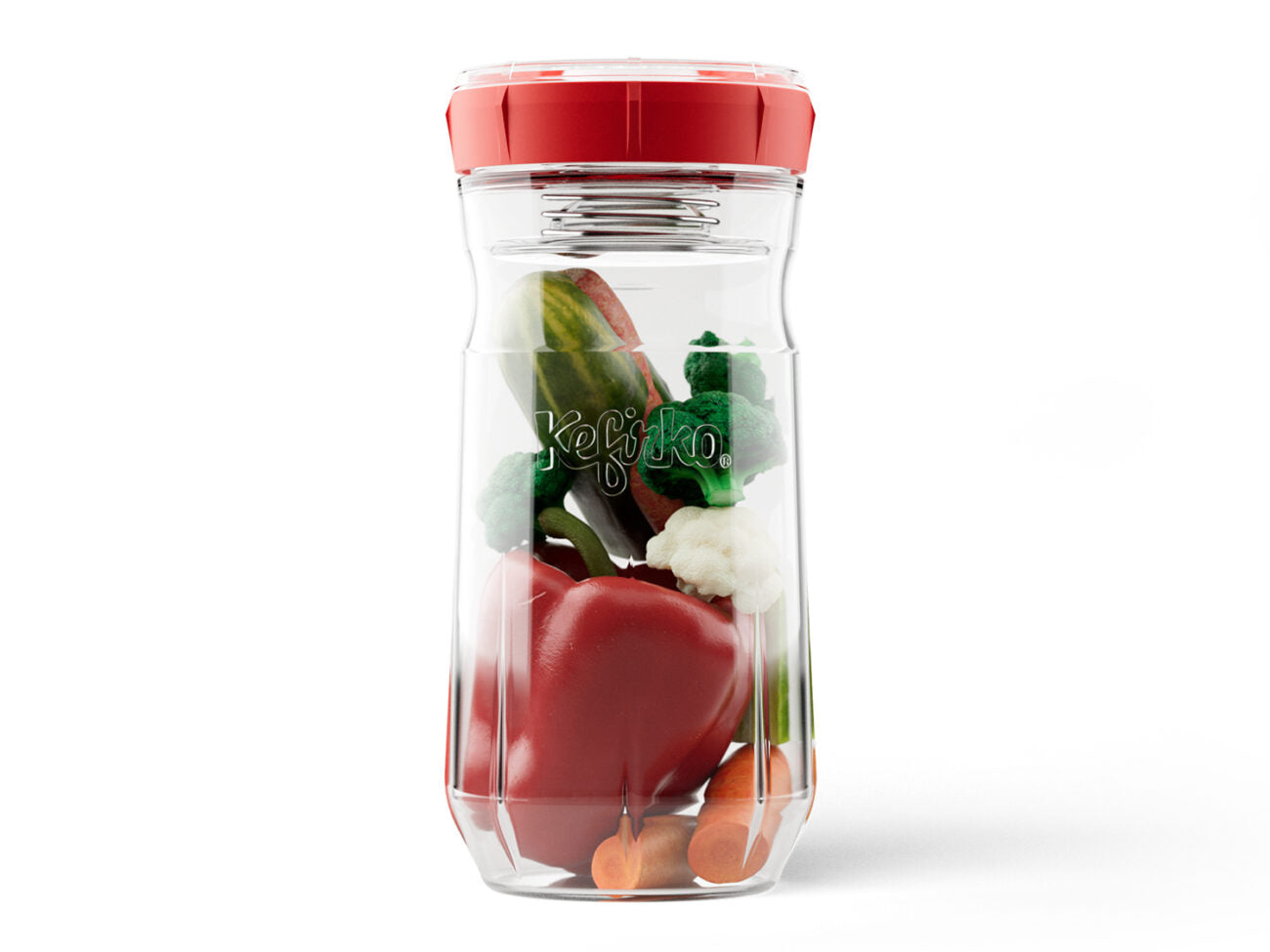 Fermentador de verduras Kefirko con tapa roja, lleno de pimiento, brócoli y zanahoria listos para fermentar.