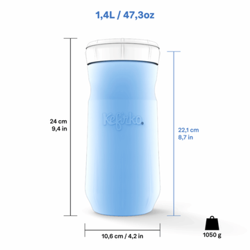 Infografía del fermentador Kefirko azul de 1,4L detallando sus dimensiones de altura, anchura y su peso total en gramos.