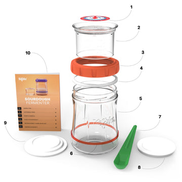 Vista despiezada del fermentador de masa madre Kefirko, mostrando el tarro, tapas, espátula y manual de instrucciones.