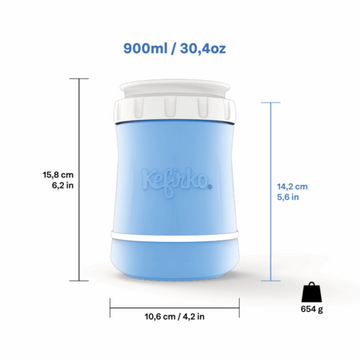 Fermentador de masa madre Kefirko render con sus dimensiones: 15.8 cm de alto, 10.6 cm de ancho, capacidad de 900 ml y 654 g de peso.