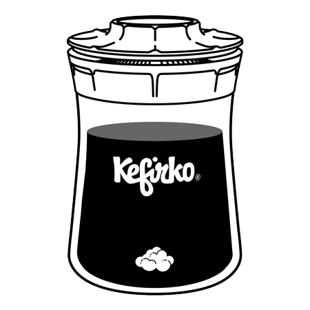 Ilustración del tarro fermentador de kéfir marca Kefirko con líquido y gránulos en el fondo.