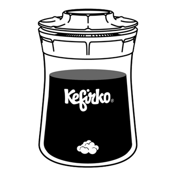 Ilustración del tarro fermentador de kéfir marca Kefirko con líquido y gránulos en el fondo.