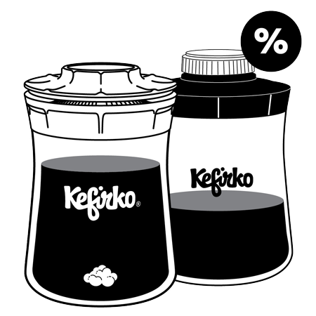Ilustración de dos productos Kefirko, un fermentador y una botella, con un símbolo de oferta.
