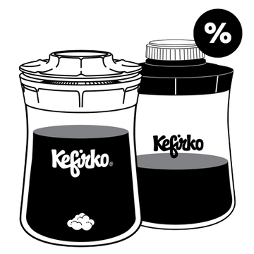Ilustración de dos productos Kefirko, un fermentador y una botella, con un símbolo de oferta.