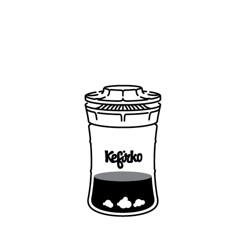 pictograma tarro de cristal fermentador "Kefirko", parcialmente lleno de leche con nodulos de kefir fermentando.