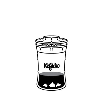 pictograma tarro de cristal fermentador "Kefirko", parcialmente lleno de leche con nodulos de kefir fermentando.