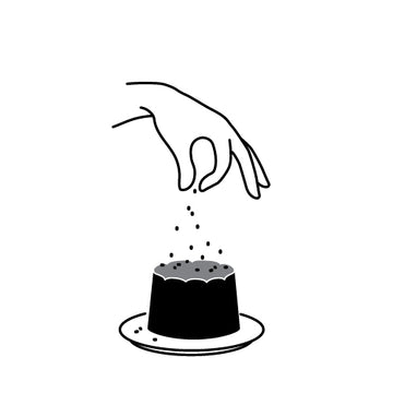 Ilustración lineal que muestra una mano decorando un postre junto al icónico fermentador de queso de Kéfir Kefirko.