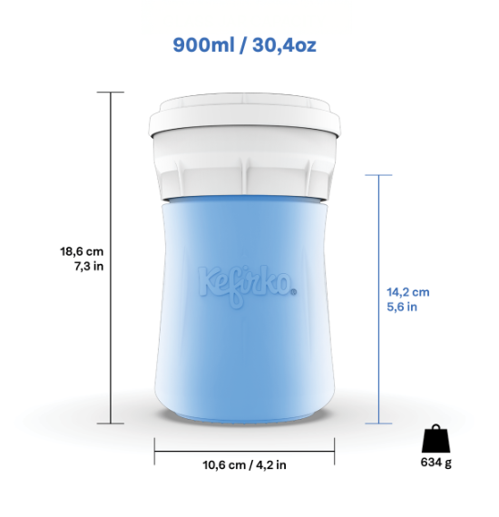 Ficha técnica del fermentador de queso de Kéfir Kefirko (900 ml, azul), con sus especificaciones de tamaño y peso.