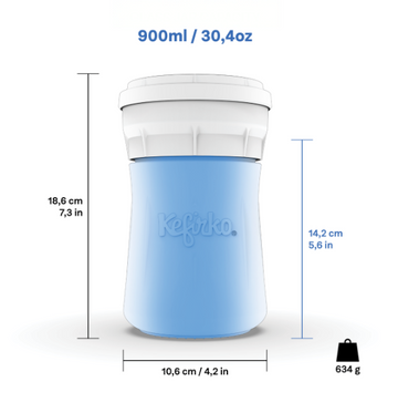 Ficha técnica del fermentador de queso de Kéfir Kefirko (900 ml, azul), con sus especificaciones de tamaño y peso.