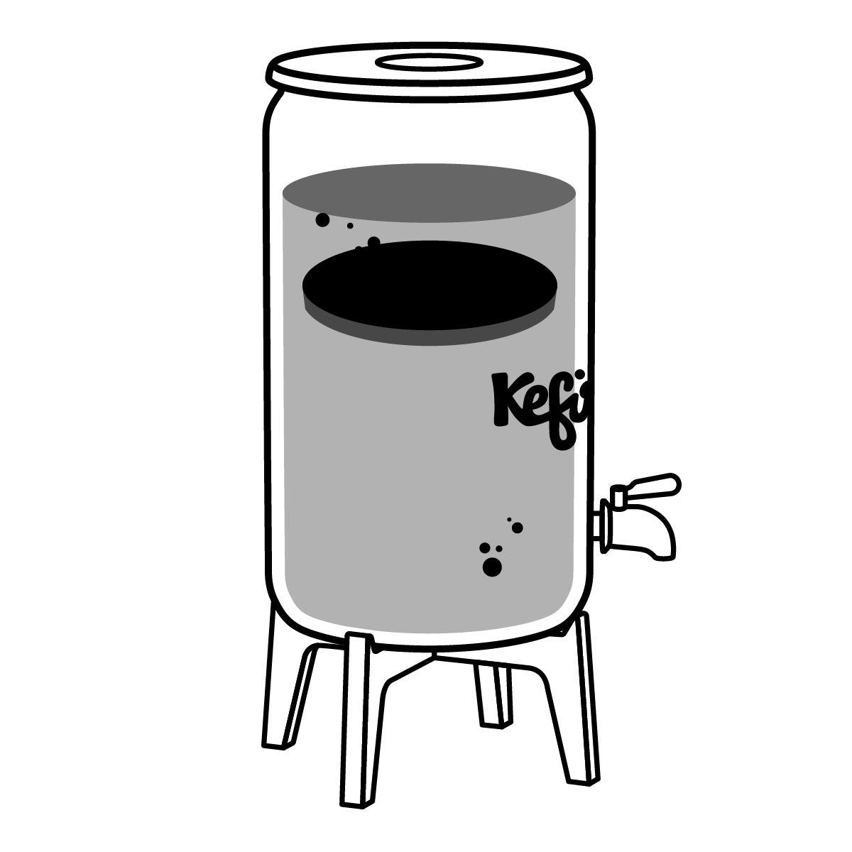 Ilustración de un fermentador kombucha de vidrio Kefirko con un SCOBY flotando en el interior, sobre un soporte.