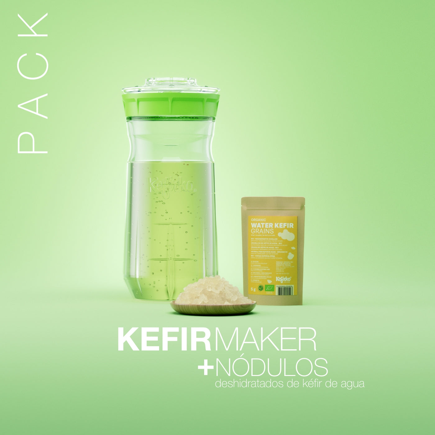 Pack Fermentador Kefir 1,4l + 2x Nódulos Ecológicos de Kéfir de Agua Deshidratados