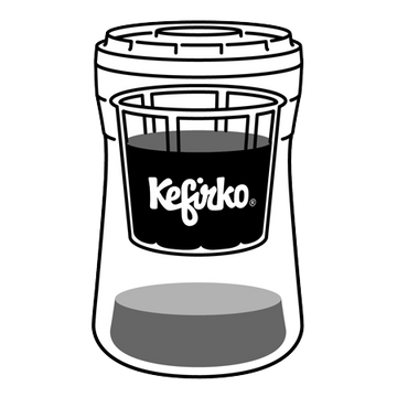 Ilustración del fermentador de queso Kefirko en uso, separando el suero de la cuajada para hacer queso de kéfir.