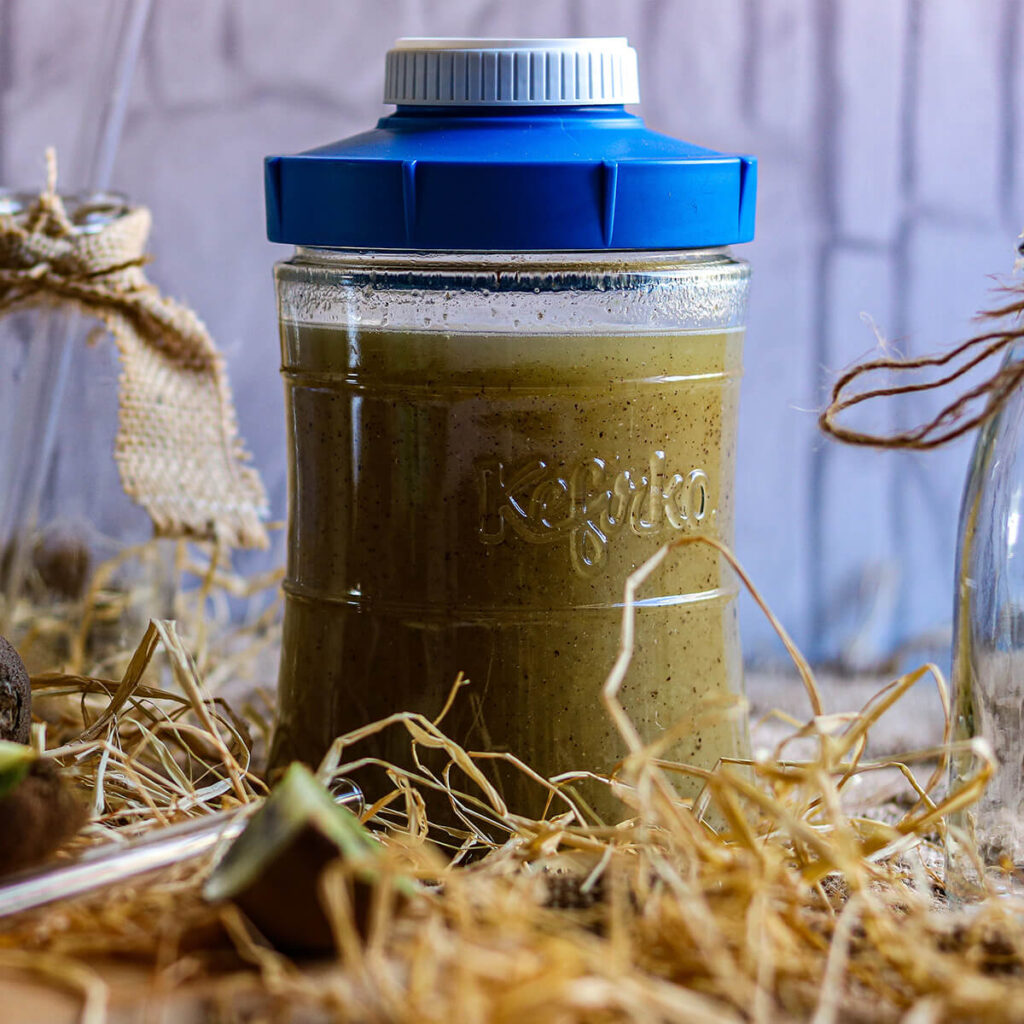 Tarro de vidrio Kefirko con tapa azul, lleno de una bebida verde junto a trozos de kiwi y rodeado de paja.